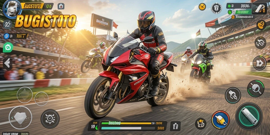 Screenshot menunjukkan aksi balapan motor yang mendebarkan.