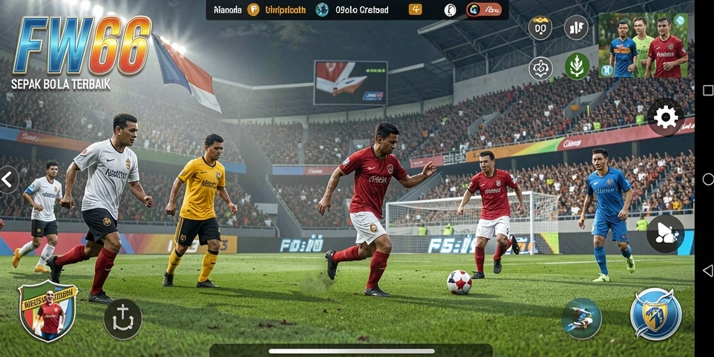 Screenshot dari gameplay FW66 yang menunjukkan aksi sepak bola yang mendebarkan.