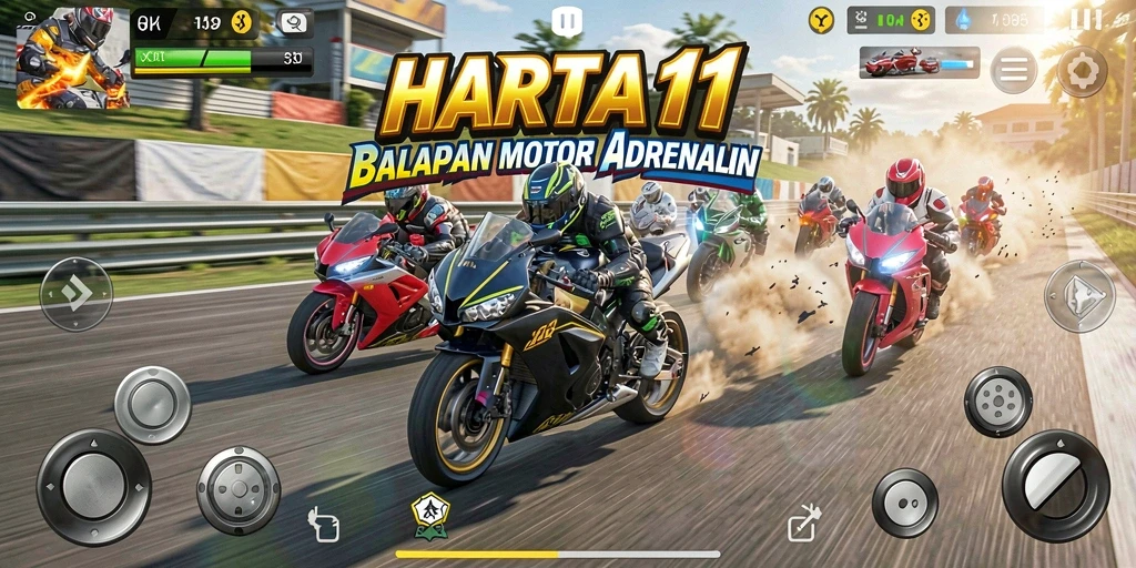 Gameplay seru HARTA11 dengan balapan motor yang cepat.