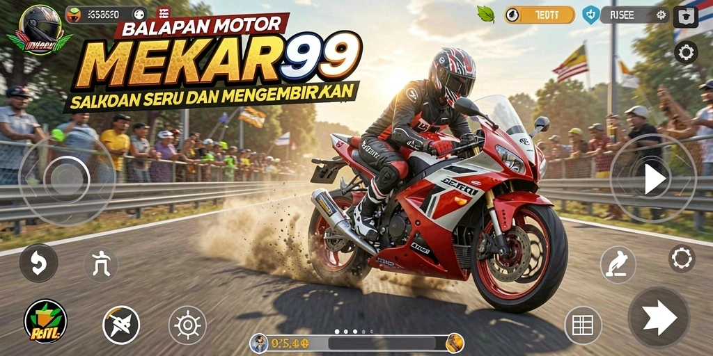 Screenshot gameplay MEKAR99 dengan balapan motor yang penuh aksi.