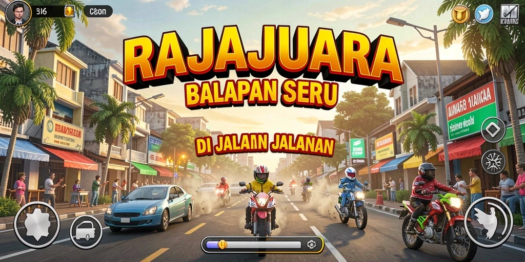 Screenshot gameplay RAJAJUARA menampilkan balapan yang penuh kecepatan.